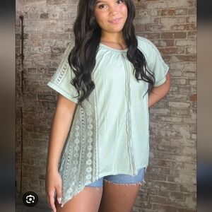 POL Sweet Multi Textured Knit Short Sleeve Shirt Sage Green Size Small